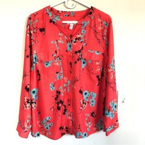 Denim & Co. Floral Print Y-Neck Button Shirt in Coral, Size L